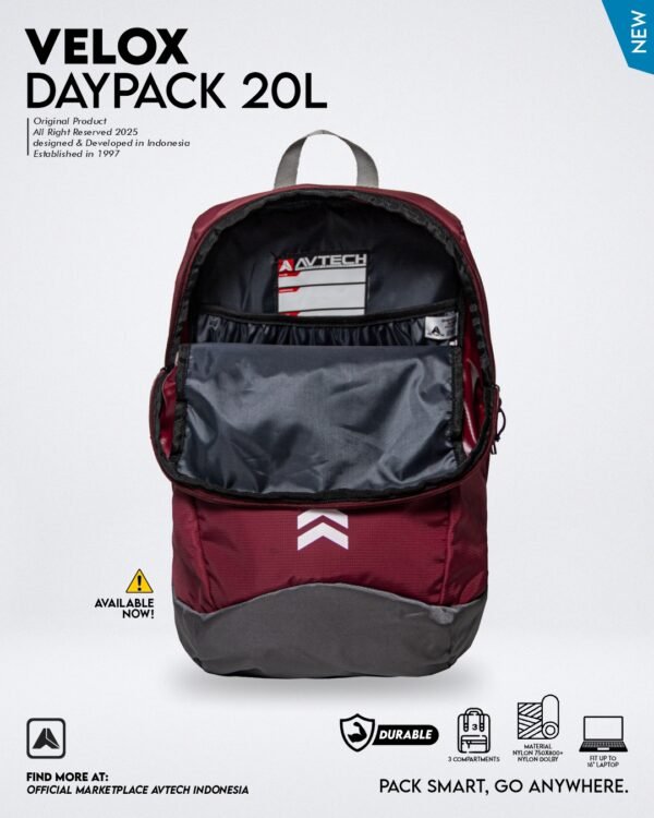 1 AVTECH - Daypack Velox Tas Ransel Laptop Harian Sekolah Kerja Travel Bag Lifestyle 20 Liter