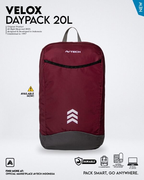 5 AVTECH - Daypack Velox Tas Ransel Laptop Harian Sekolah Kerja Travel Bag Lifestyle 20 Liter