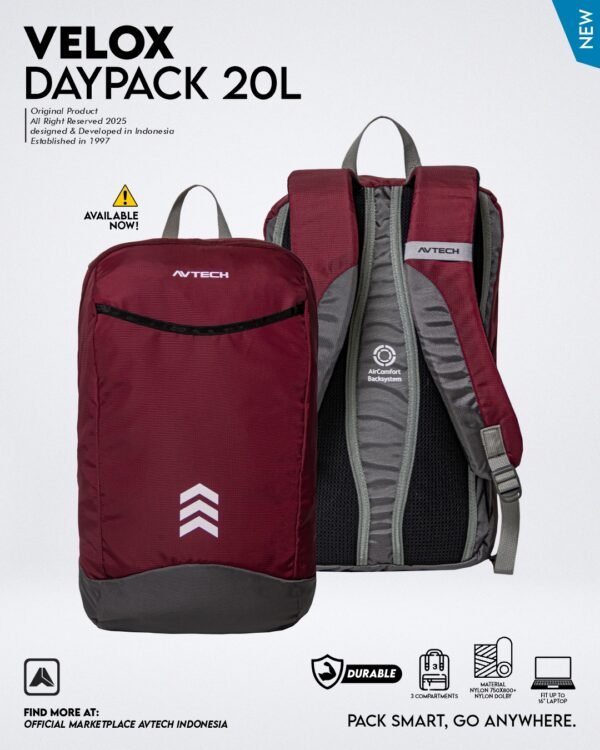 AVTECH - Daypack Velox Tas Ransel Laptop Harian Sekolah Kerja Travel Bag Lifestyle 20 Liter