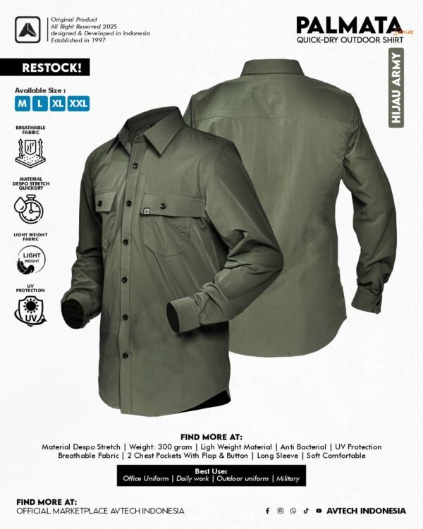 HIJAU ARMY 1 AVTECH - Kemeja Lengan Panjang Workshirt Formal Lapangan Kerja Quickdry Reguler Fit - PALMATA