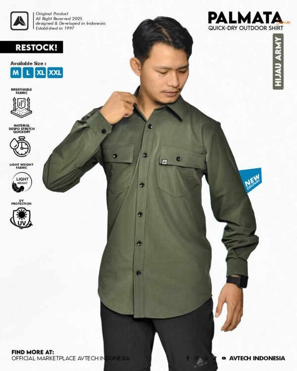 HIJAU ARMY 2 AVTECH - Kemeja Lengan Panjang Workshirt Formal Lapangan Kerja Quickdry Reguler Fit - PALMATA