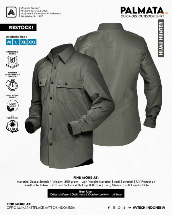 HIJAU HUNTER 1 AVTECH - Kemeja Lengan Panjang Workshirt Formal Lapangan Kerja Quickdry Reguler Fit - PALMATA