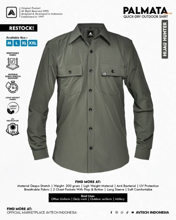 HIJAU HUNTER AVTECH - Kemeja Lengan Panjang Workshirt Formal Lapangan Kerja Quickdry Reguler Fit - PALMATA