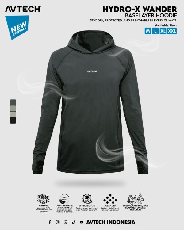 AVTECH-Baselayer Kaos Pria Wanita Lengan Panjang Olahraga Outdoor Dry Fit Hoodie - Hydro-X - WANDER