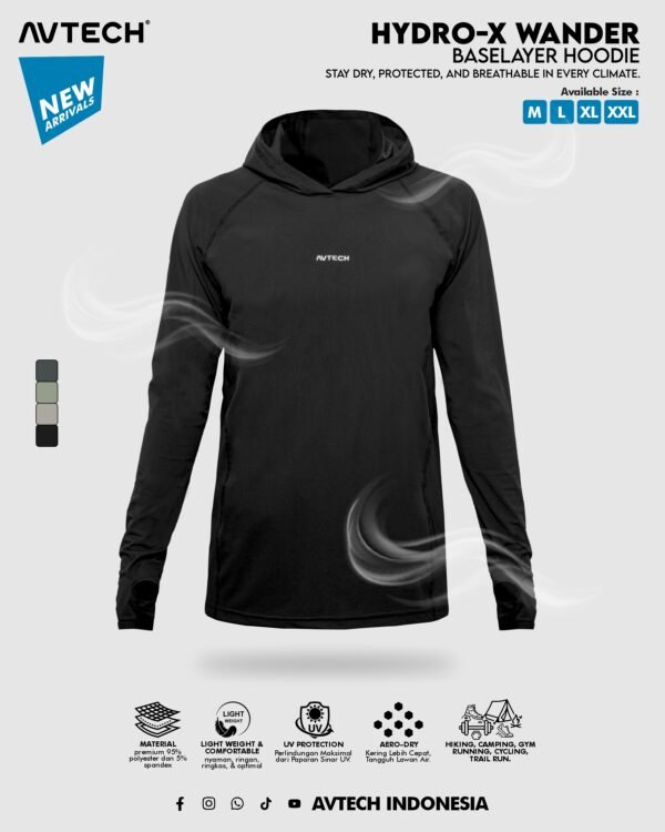 AVTECH-Baselayer Kaos Pria Wanita Lengan Panjang Olahraga Outdoor Dry Fit Hoodie - Hydro-X - WANDER