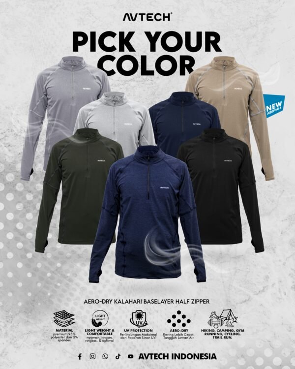 AVTECH - Baselayer Kaos Pria Wanita Lengan Panjang Outdoor Dry Fit Half Zipper Aero Dry - KALAHARI