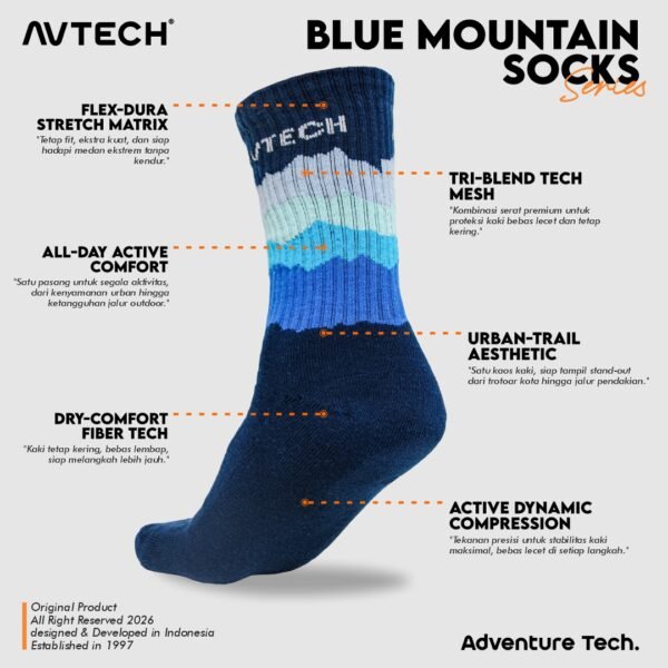 AVTECH - Kaos Kaki Socks Olahraga Pria Wanita Gunung Outdoor Hiking Running Cycling - BLUE MOUNTAIN