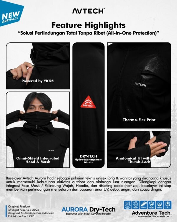 AVTECH - Baselayer Pria Wanita Lengan Panjang Outdoor Dry Fit Face with Mask Covering Hoodie - AURORA