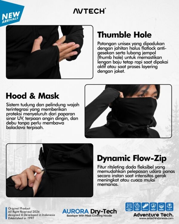 AVTECH - Baselayer Pria Wanita Lengan Panjang Outdoor Dry Fit Face with Mask Covering Hoodie - AURORA
